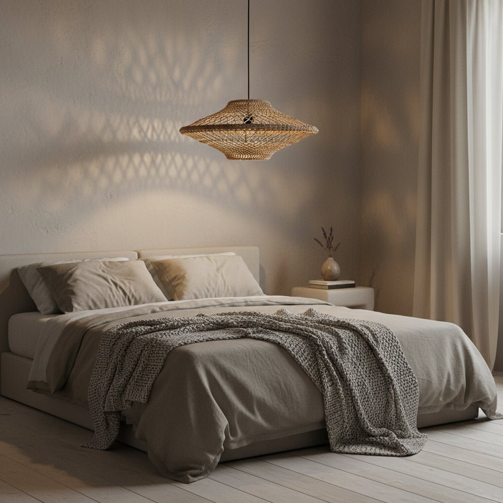 Modern bedroom with a textured pendant light, bed, and side table.