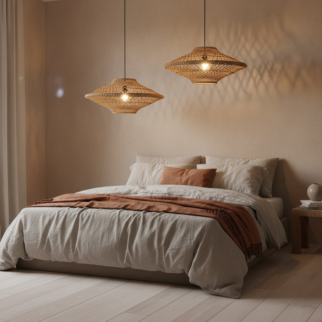 Bedroom with two woven pendant lights hanging above a bed with beige bedding.