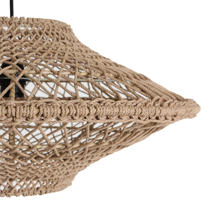 Close-up of a woven natural fiber pendant light on a white background