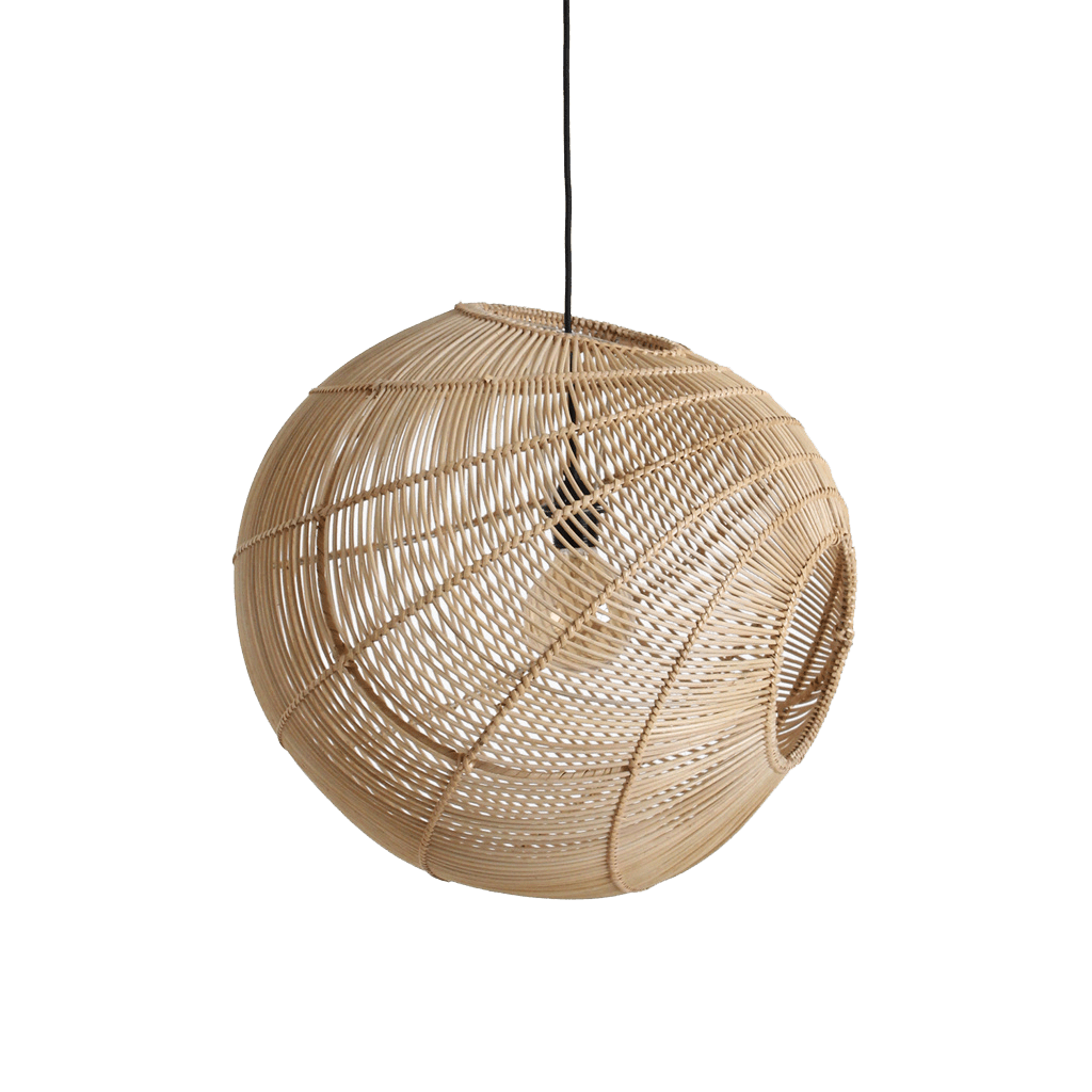 Woven spherical pendant light on a white background