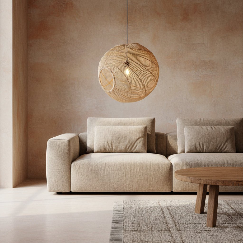 Beige sofa with a wooden coffee table and a spherical woven pendant light in a minimalistic room.
