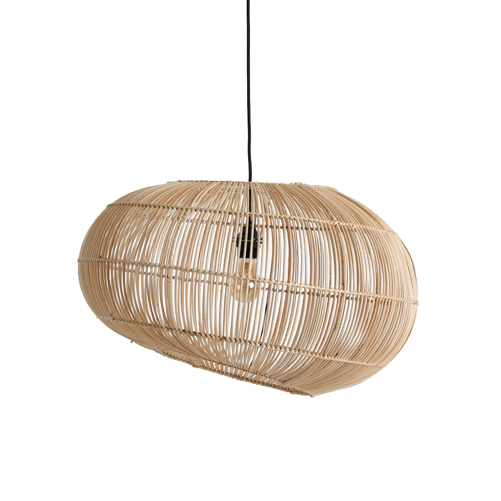 Woven rattan pendant light on a white background