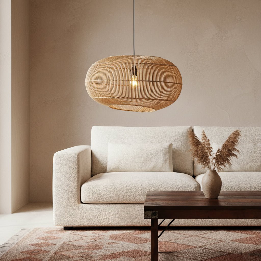 Beige sofa with a wooden coffee table and a woven pendant light in a living room.