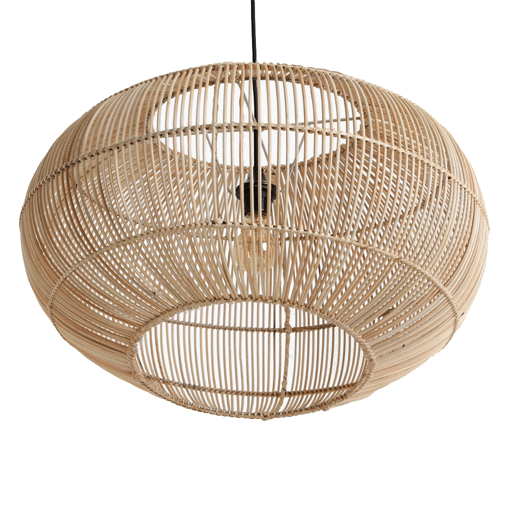 Woven rattan pendant light on a white background