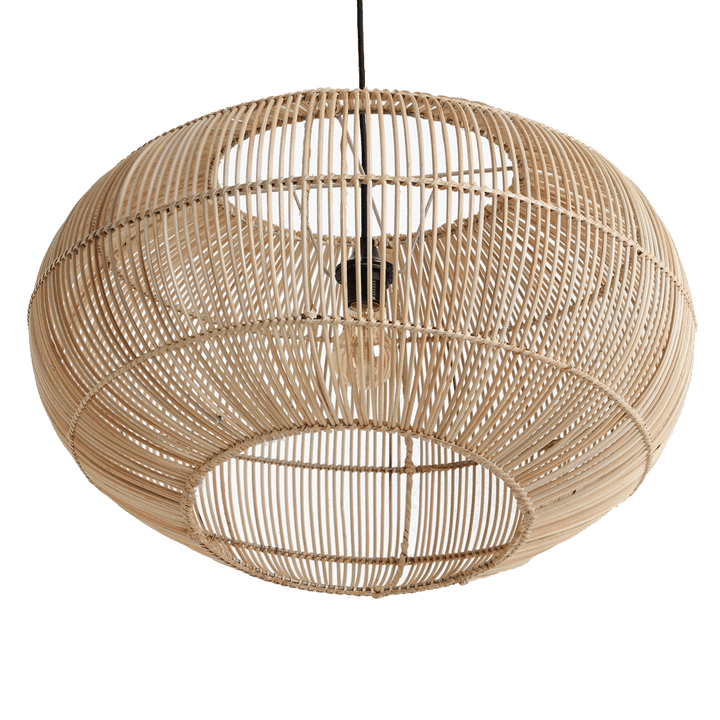 Woven rattan pendant light on a white background