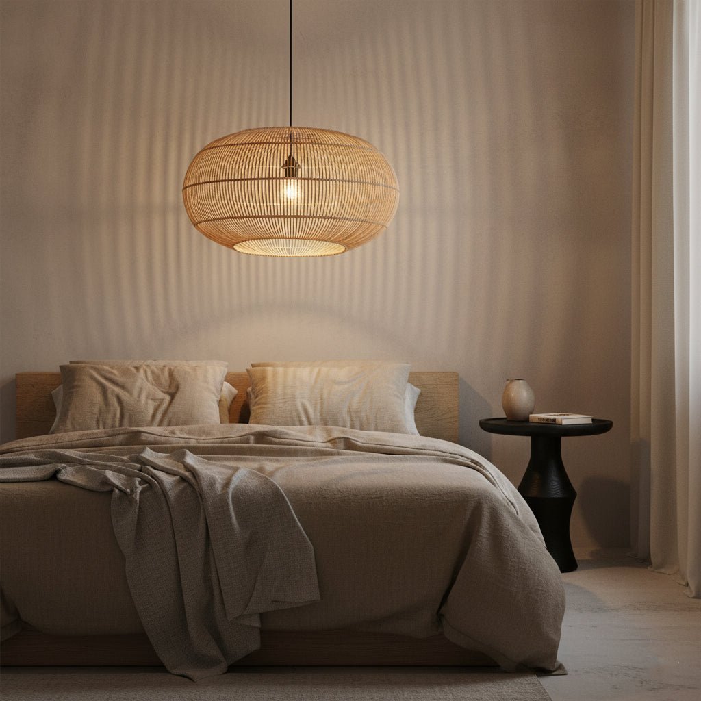 Modern bedroom with a bed, side table, and hanging woven lamp.
