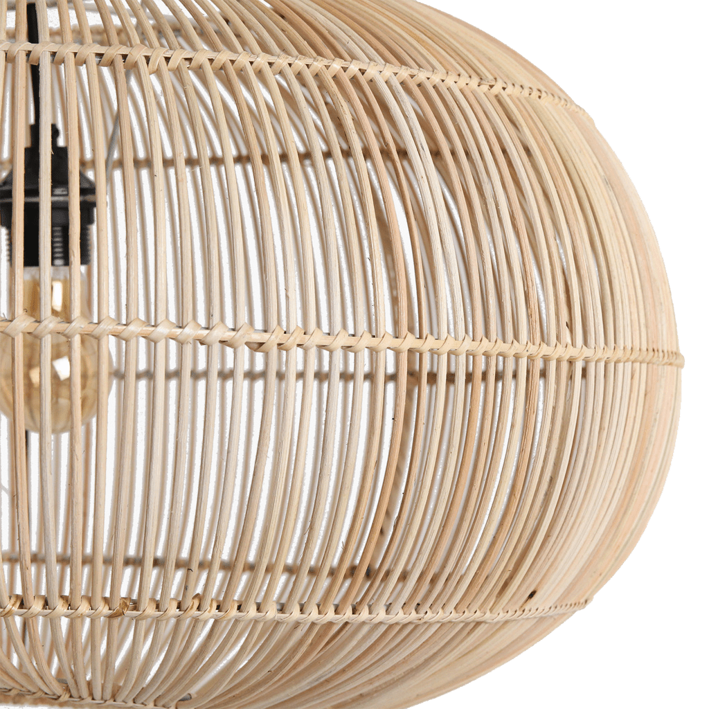 Close-up of a rattan pendant light with a white background