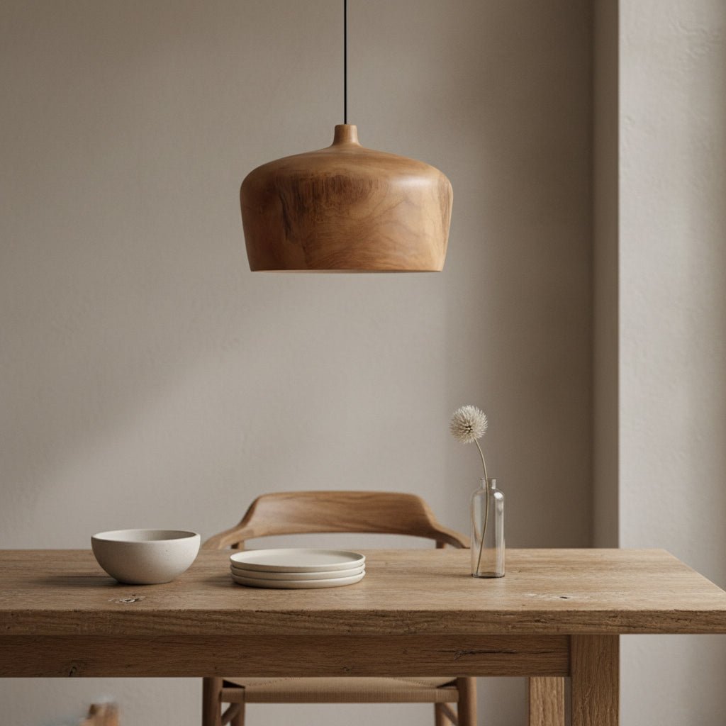 Wooden pendant lamp hanging above a wooden table with minimal decor.