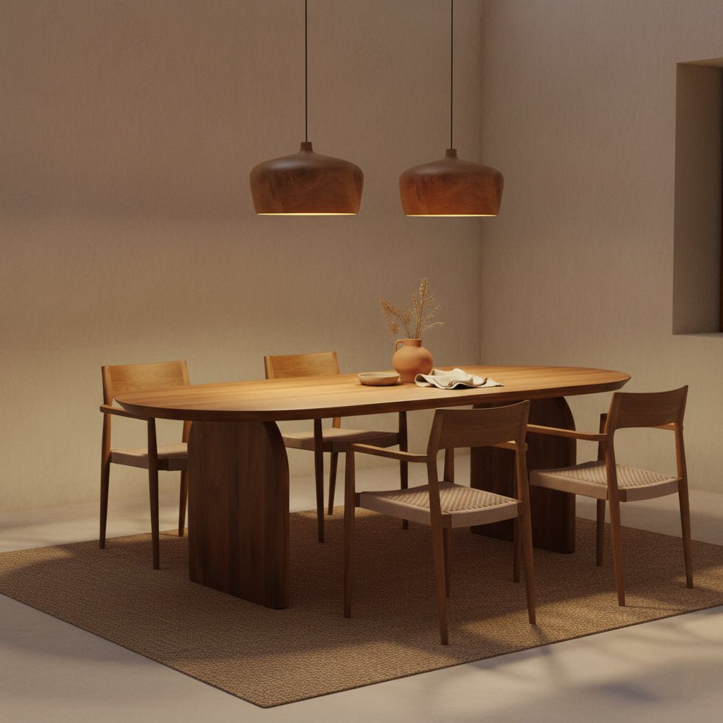 Dining area with wooden table and chairs under pendant lights in a warm-toned room.