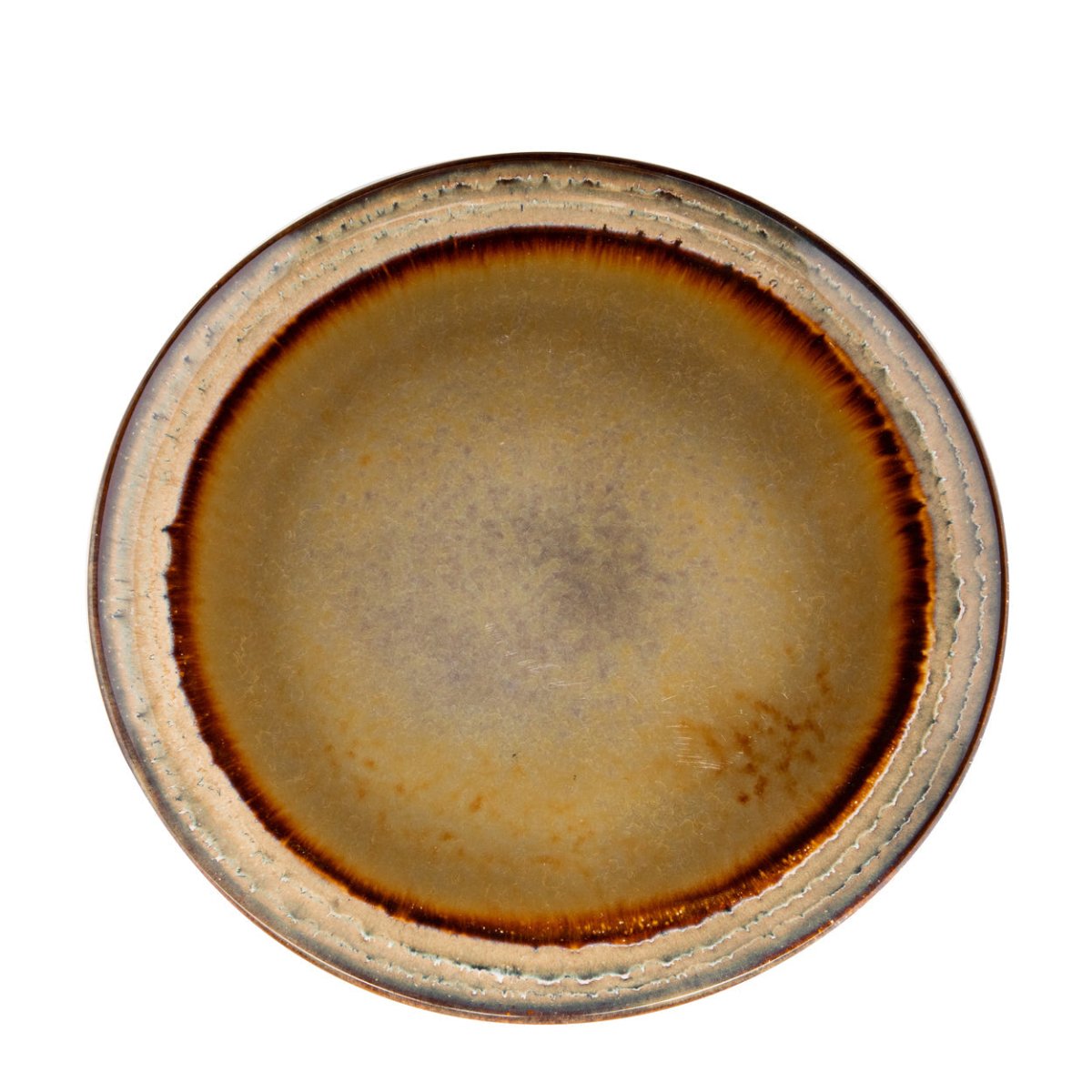 Round ceramic plate with brown rim on a white background
