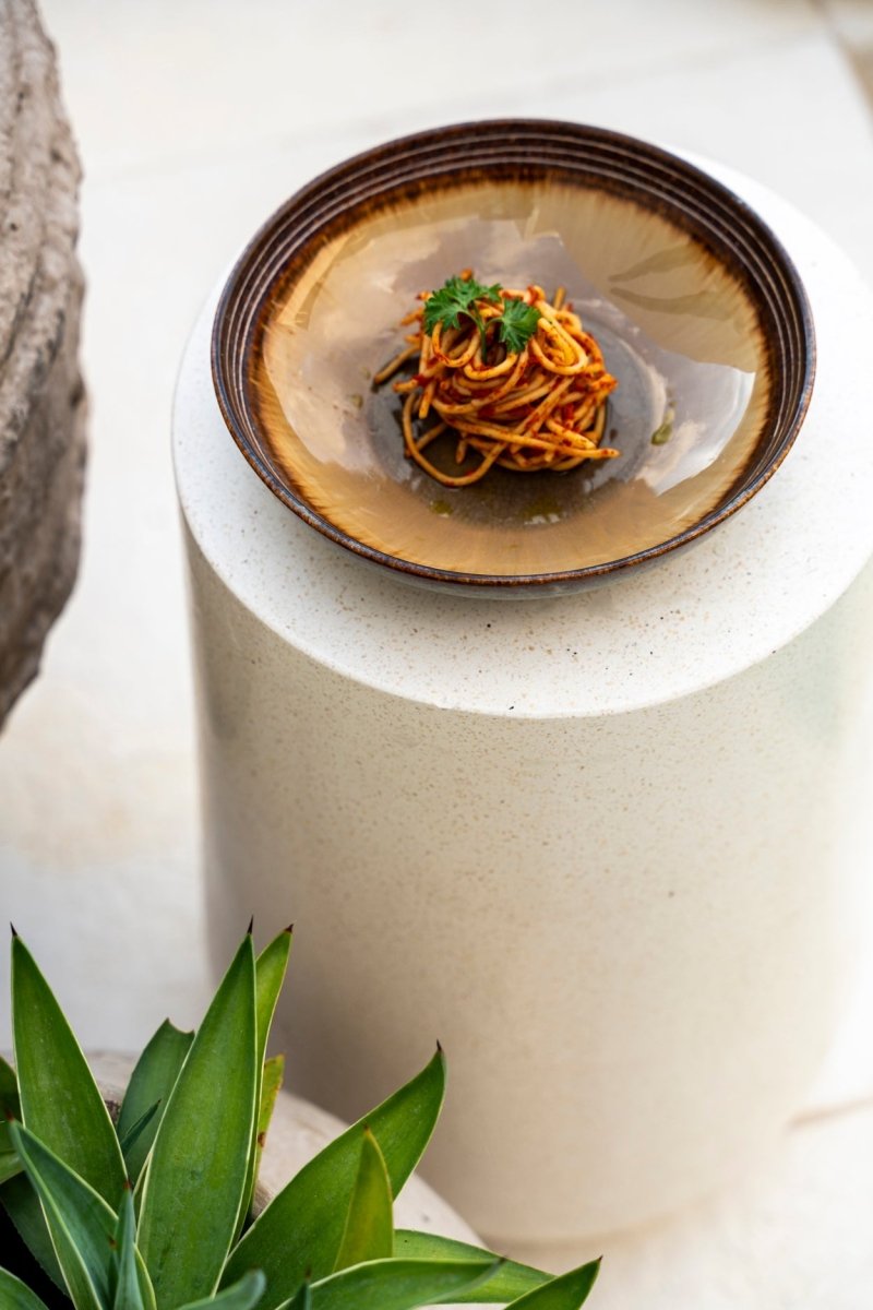 Delicate dish of noodles with herbs on a white pedestal with a plant in the foreground