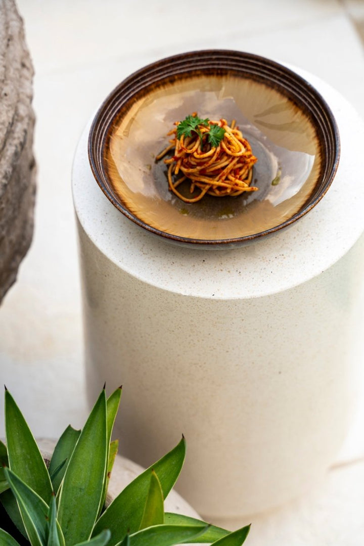 Delicate dish of noodles with herbs on a white pedestal with a plant in the foreground