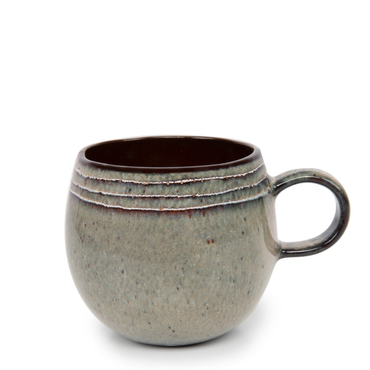 Ceramic mug with a speckled gray finish on a white background