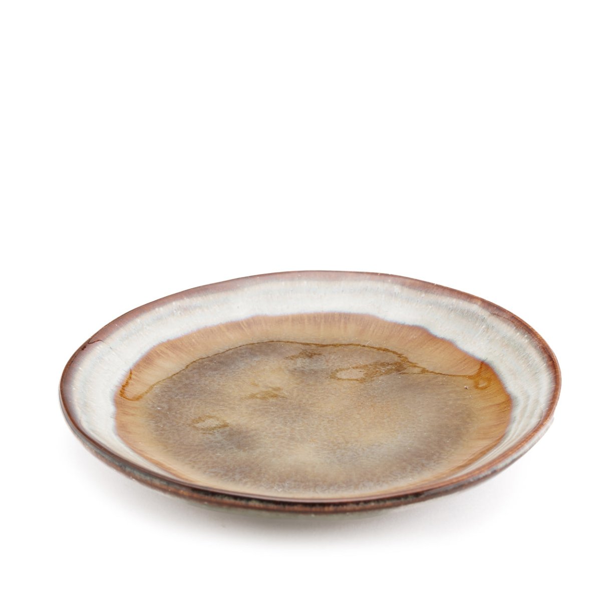 Round ceramic plate with brown and beige glaze on a white background