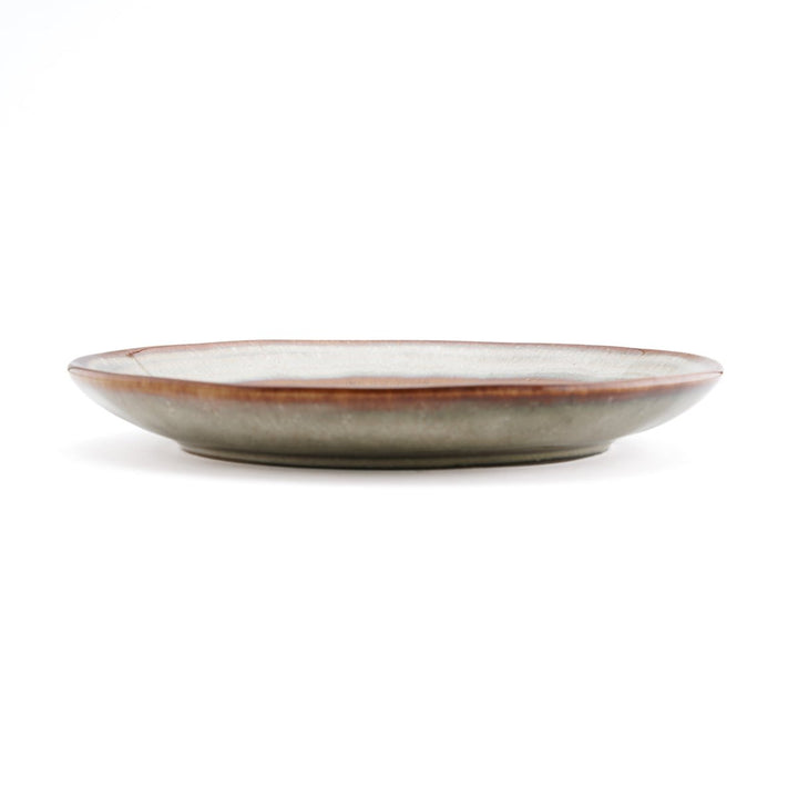 Ceramic plate with a brown rim on a white background