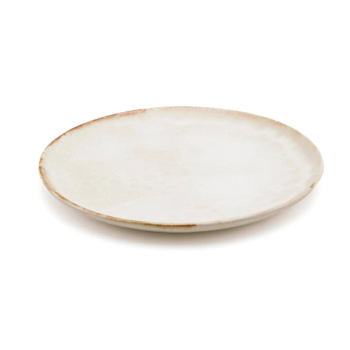White ceramic plate with a brown rim on a white background