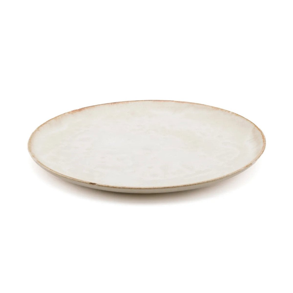 Round ceramic plate with a beige rim on a white background