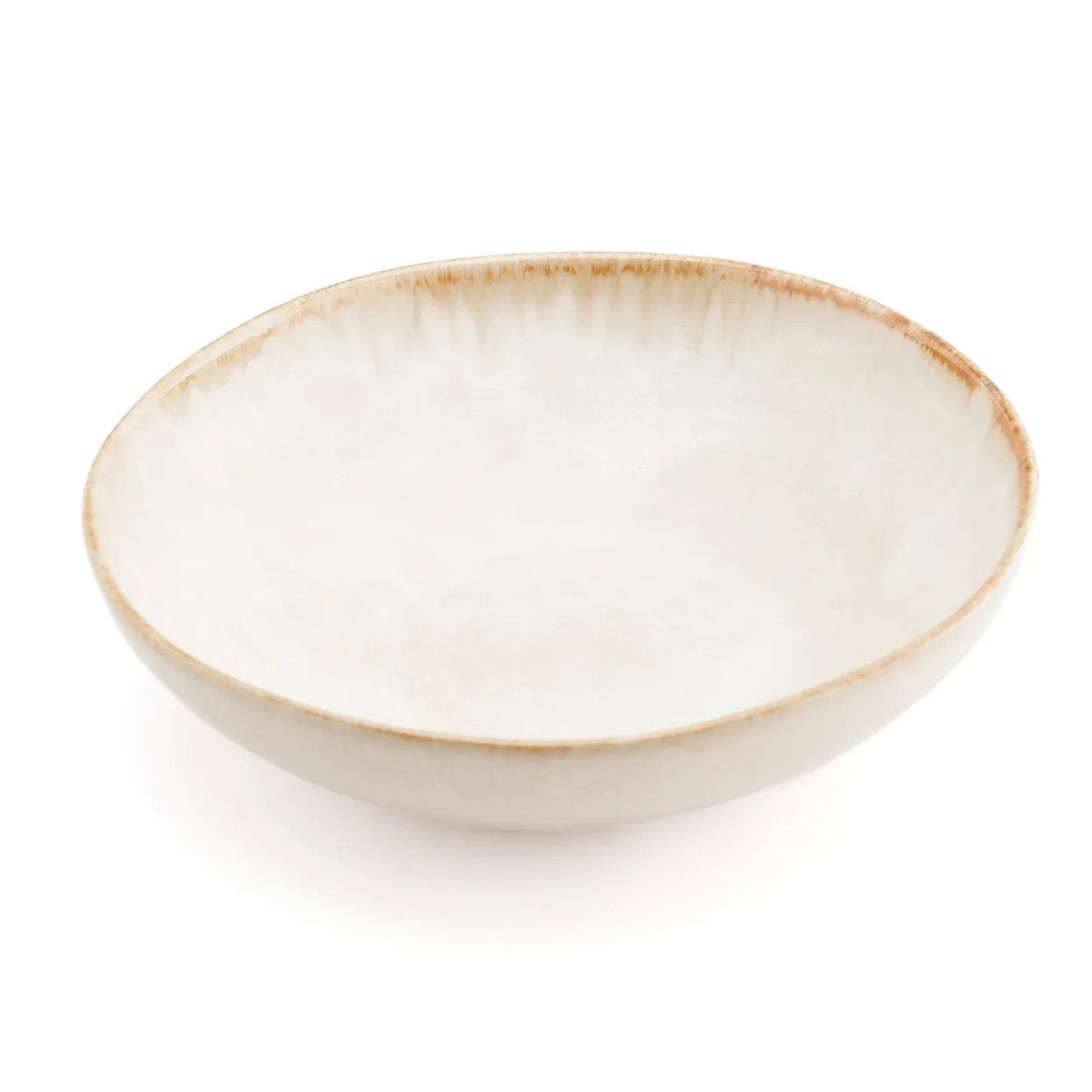 White ceramic bowl with a brown rim on a white background