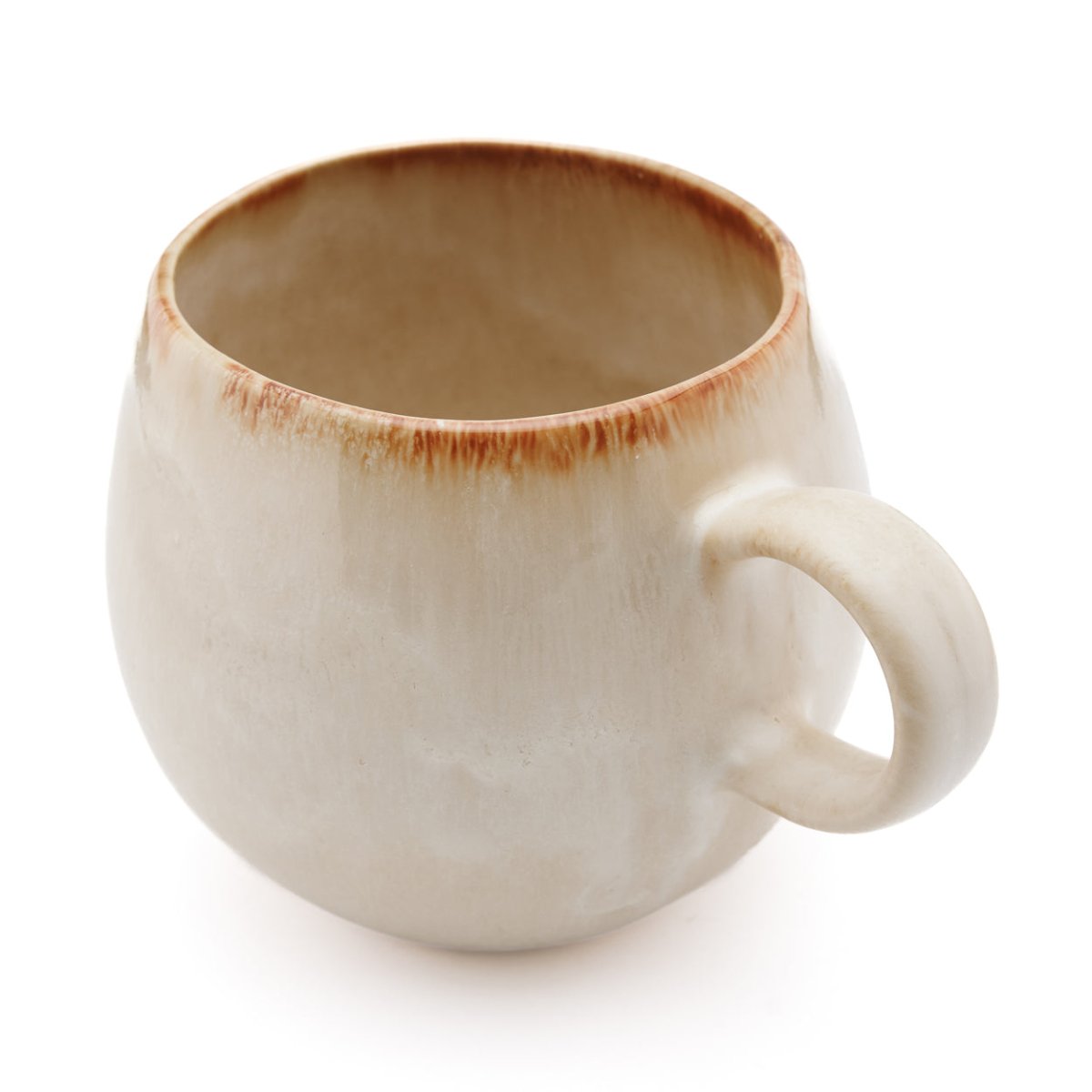 White ceramic mug with brown rim on a white background
