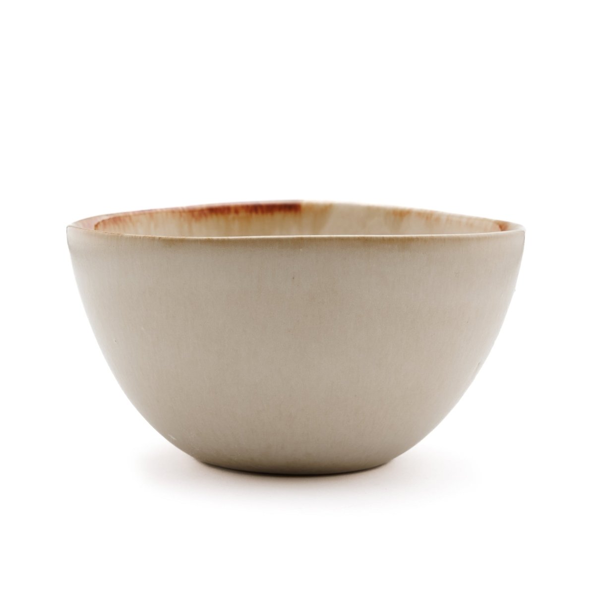 Beige ceramic bowl with brown rim on a white background