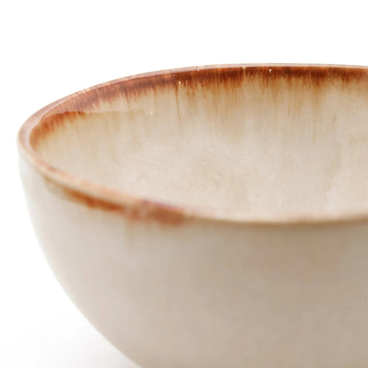 Close-up of a ceramic bowl with a brown rim on a white background