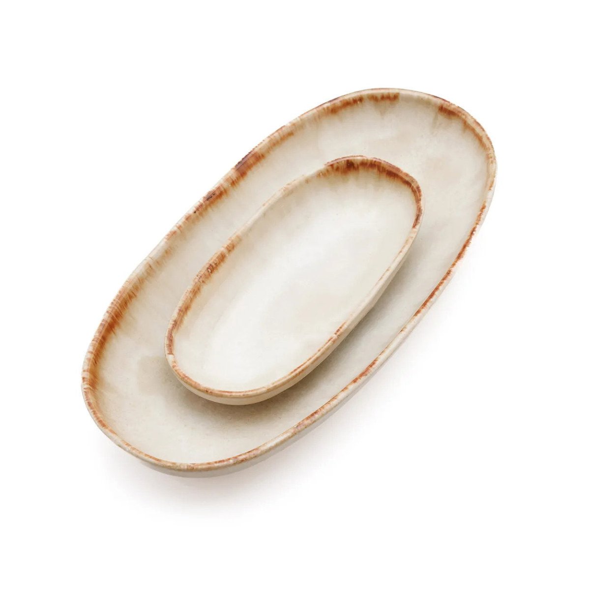 Set of two ceramic trays with rustic edges on a white background