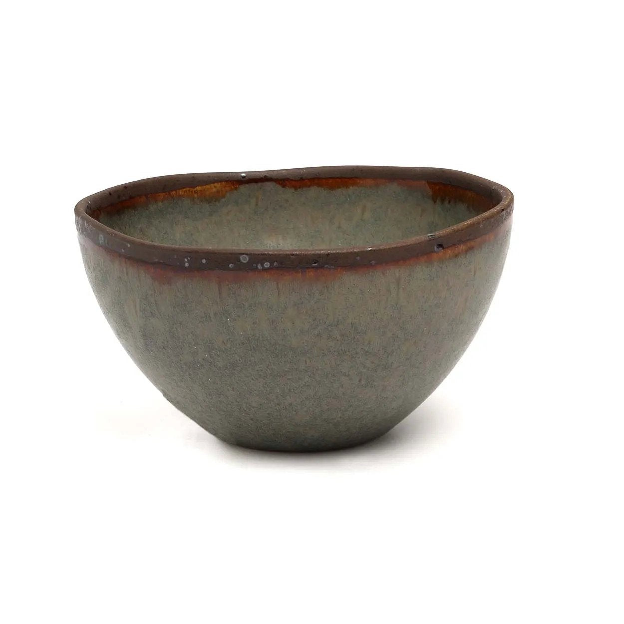 Gray ceramic bowl with brown rim on a white background