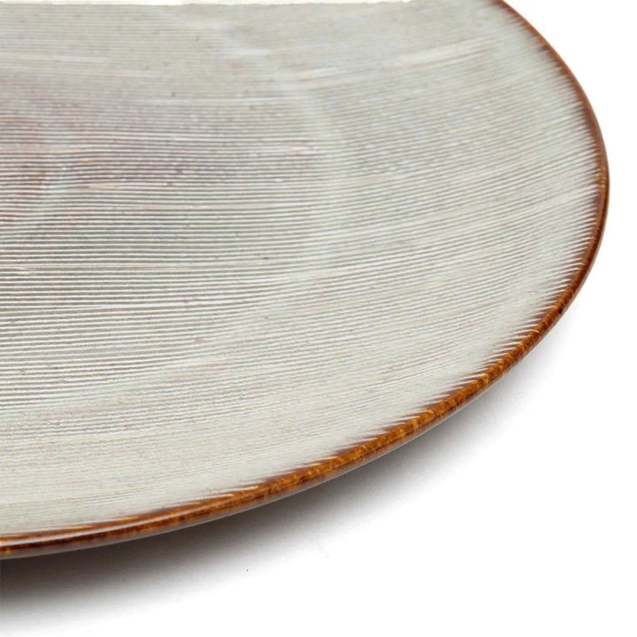 Close-up of a ceramic plate with textured surface and brown rim on a white background