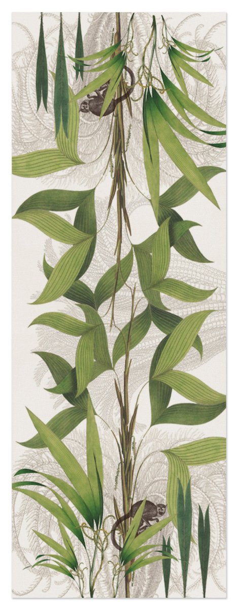 Runner with green leaf pattern and small animals on a beige background