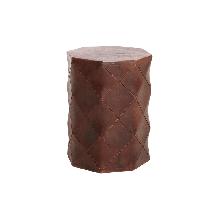 Brown geometric-patterned stool on a white background