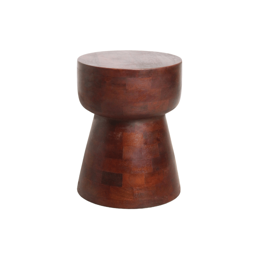 Wooden stool with a round top and cylindrical base on a white background