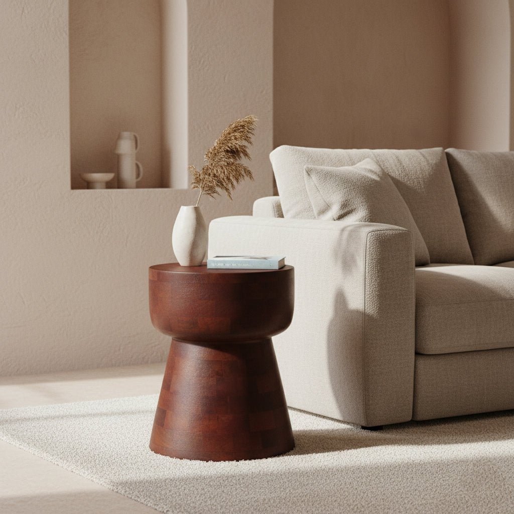 Beige sofa with a wooden side table and decorative items in a minimalistic living room.
