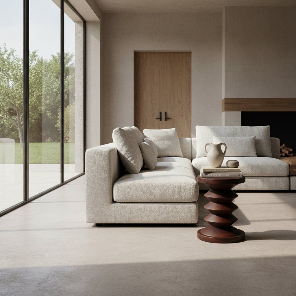 Modern living room with a beige sofa, wooden side table, and large windows.