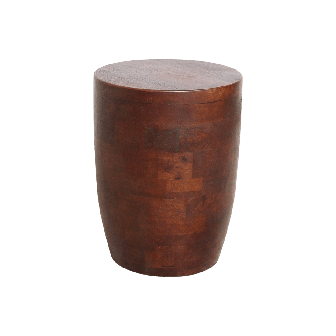 Wooden stool with a round top and cylindrical body on a white background