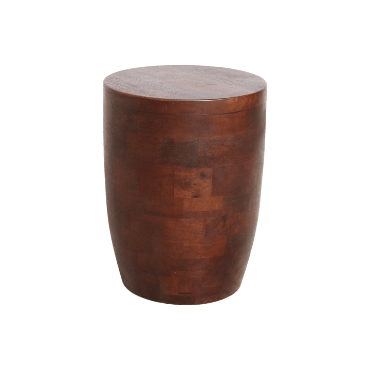 Wooden stool with a round top and cylindrical body on a white background