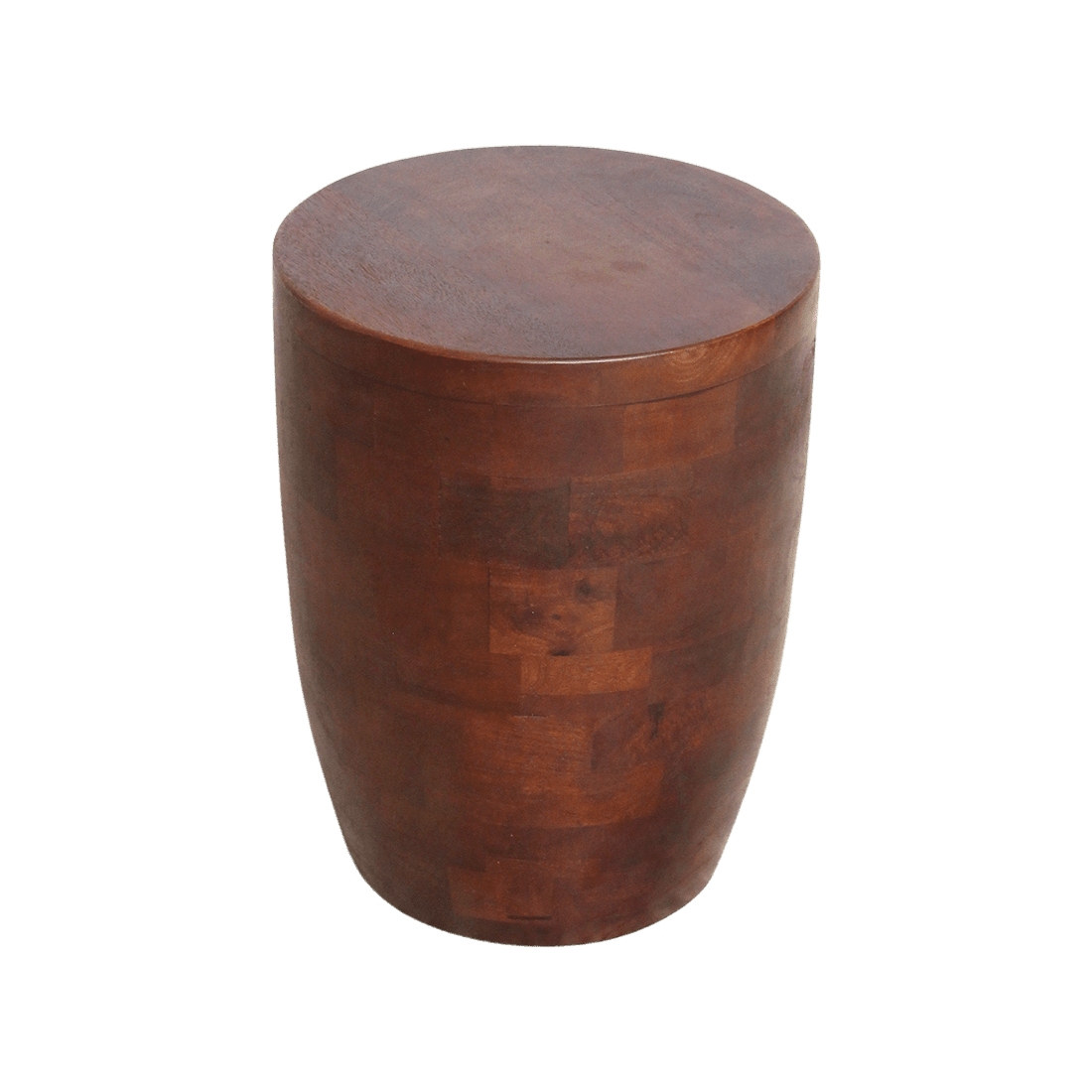 Wooden side table with a checkered pattern on a white background