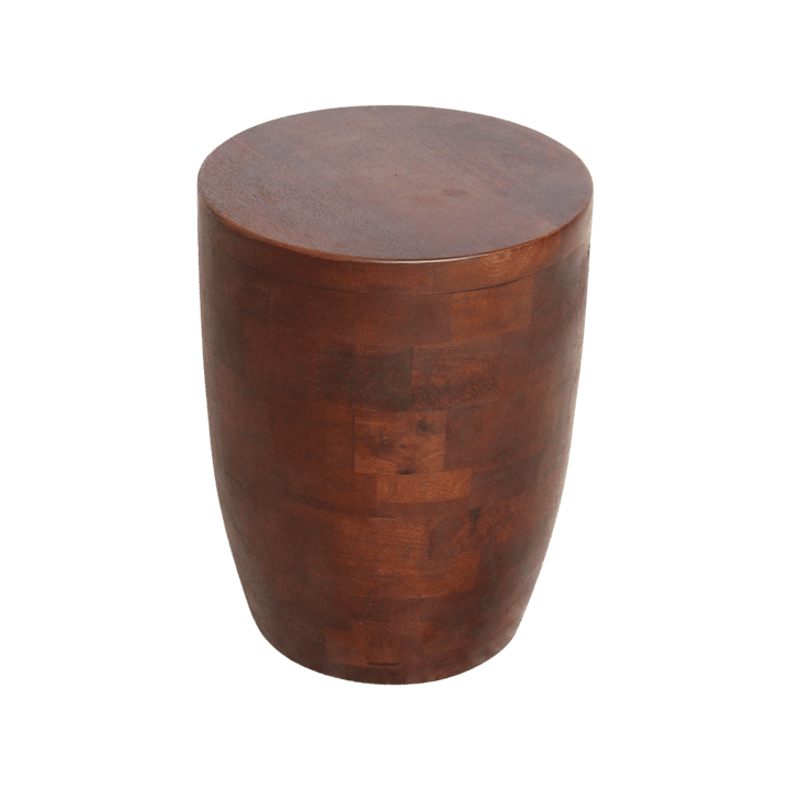 Wooden side table with a checkered pattern on a white background