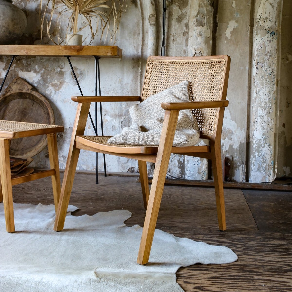 Nova Teak Dining Chair with Armrests – Rattan Cane – Set of 2 - 