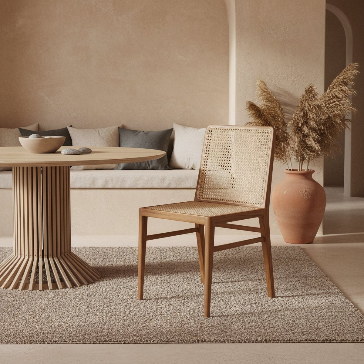 Wooden chair and table in a modern living room with a neutral color palette.