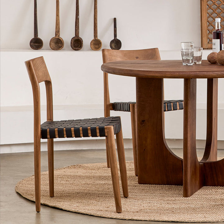 Freya Teak Dining Chairs – Black Leather (Set of 2) - 