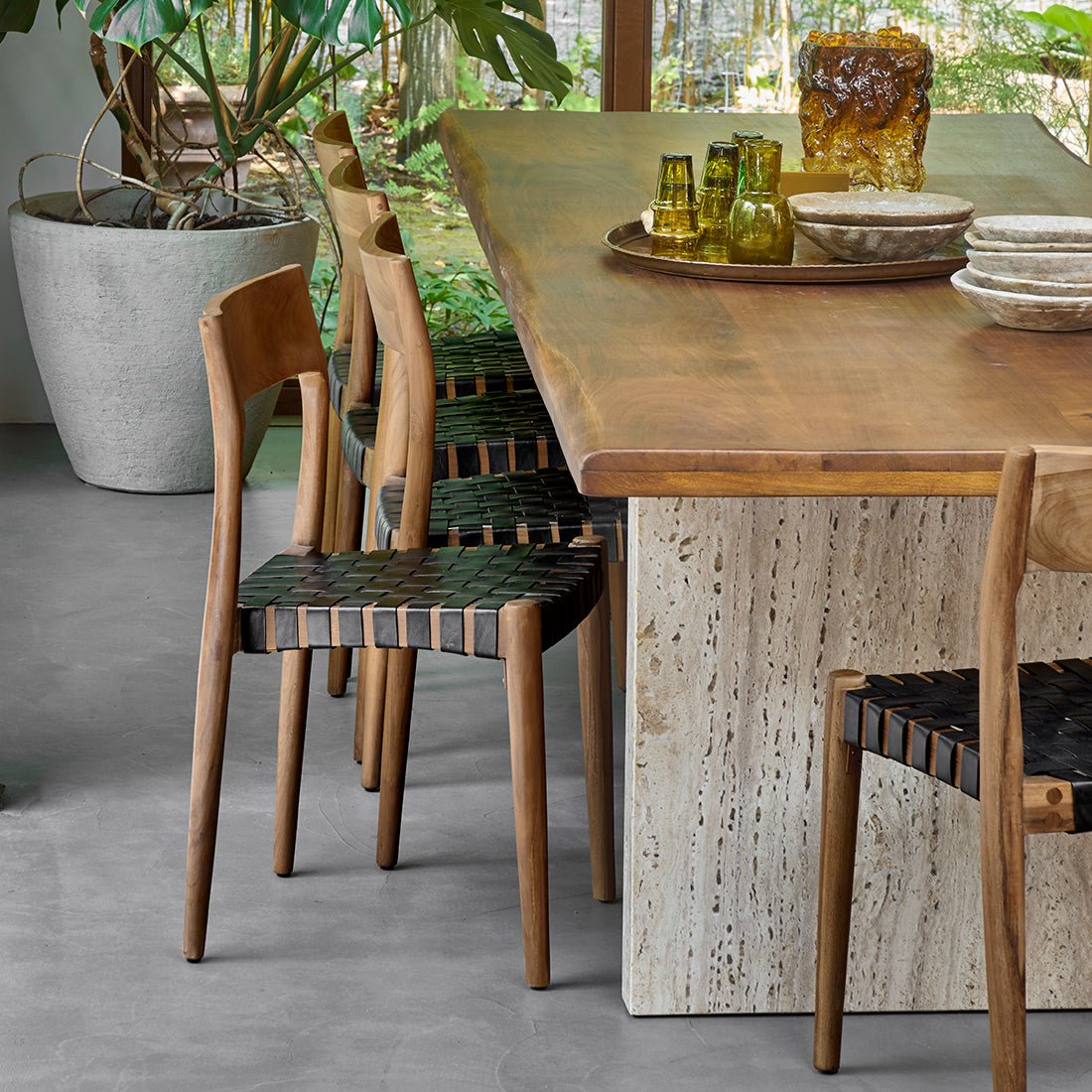 Freya Teak Dining Chairs – Black Leather (Set of 2) - 