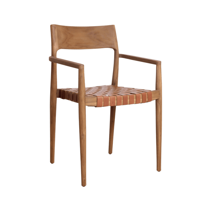 Freya Teak Dining Chair with Armrests – Natural Leather – Set of 2 - 