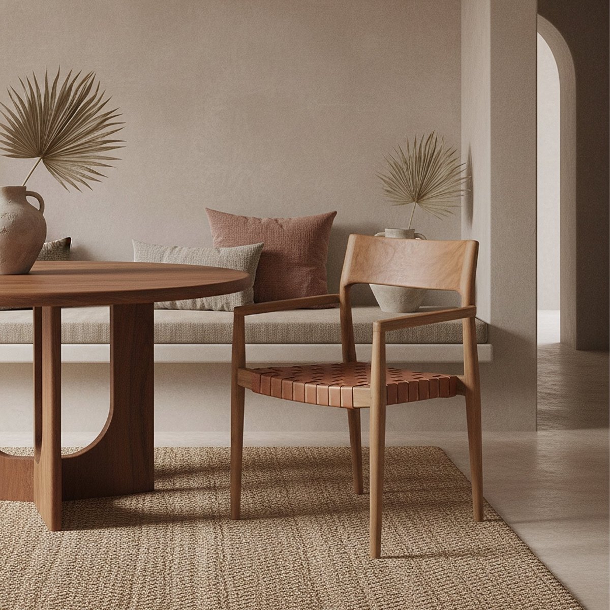 Freya Teak Dining Chair with Armrests – Natural Leather – Set of 2 - 