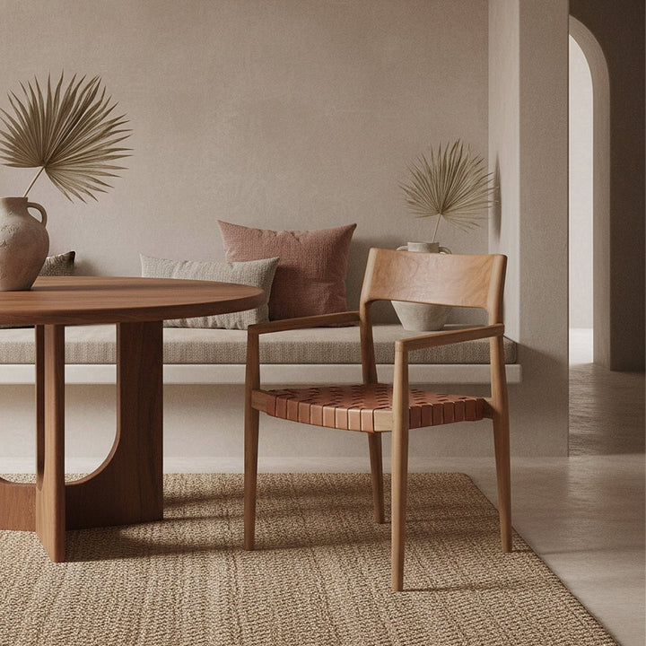 Freya Teak Dining Chair with Armrests – Natural Leather – Set of 2 - 