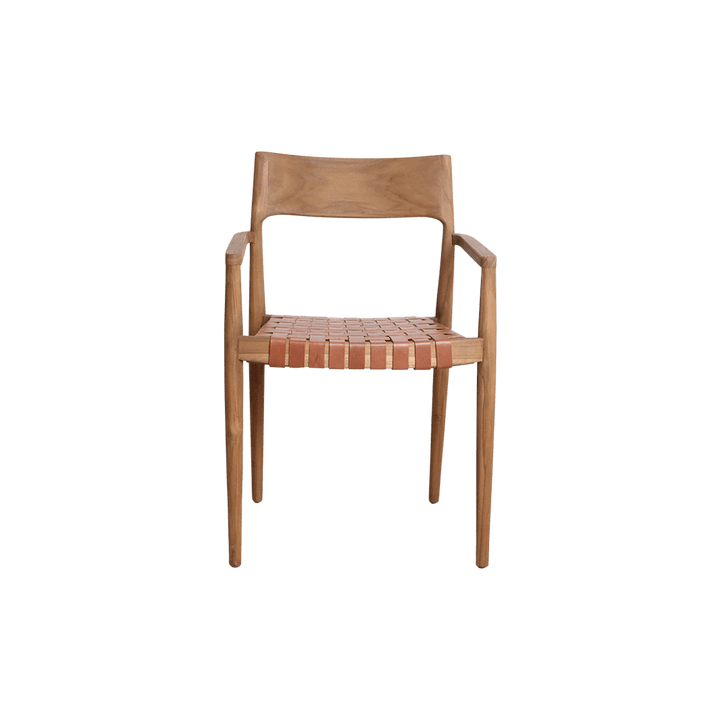Freya Teak Dining Chair with Armrests – Natural Leather – Set of 2 - 
