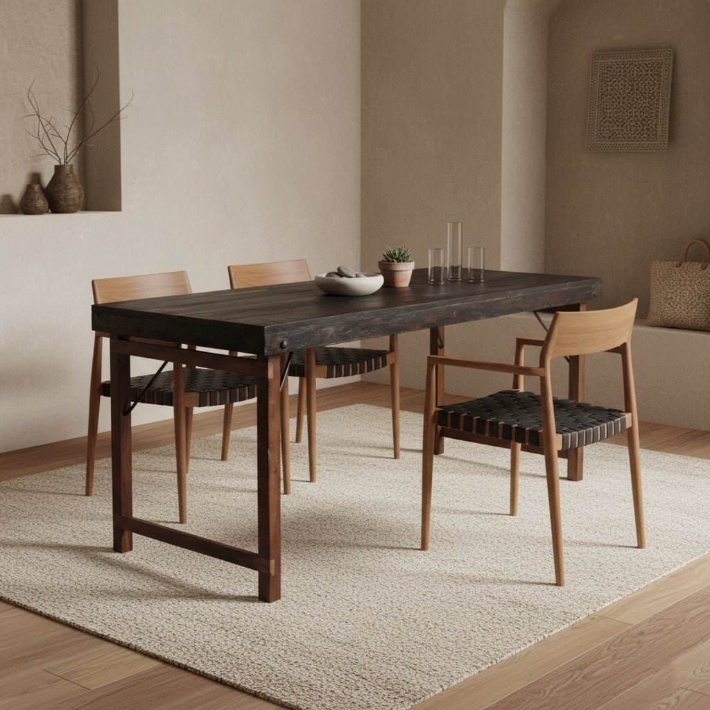 Dining room with a wooden table and chairs on a light rug.