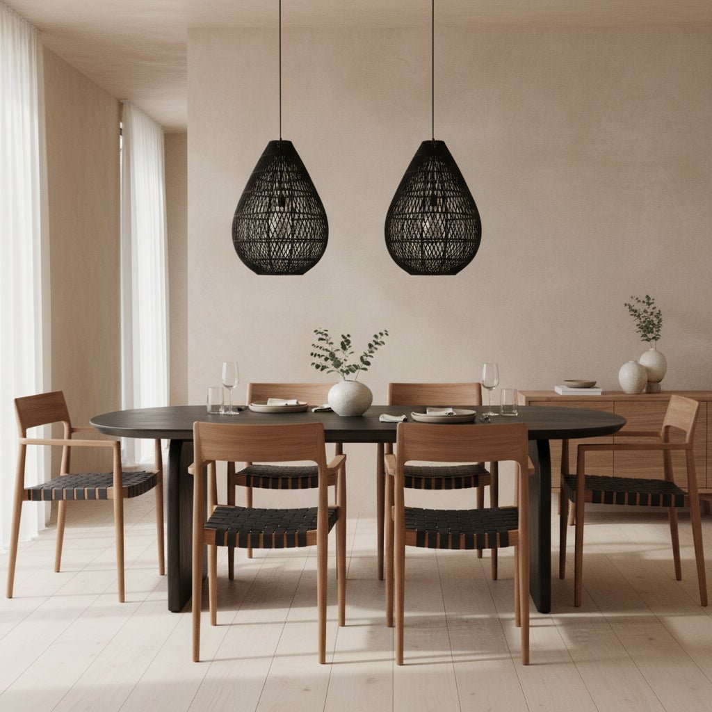 Dining room with a  dark brown table and wooden chairs, featuring two black woven pendant lights.