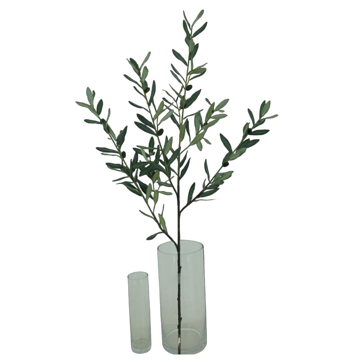 Artificial olive branch in a clear glass vase on a white background