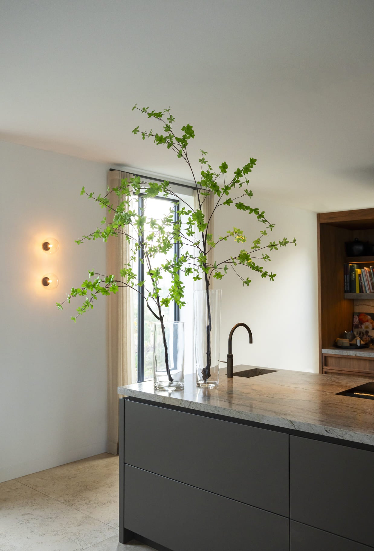 Modern kitchen with a central island, sink, and decorative plant.