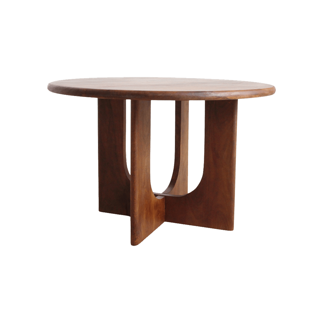 Wooden round dining table with a unique design on a white background